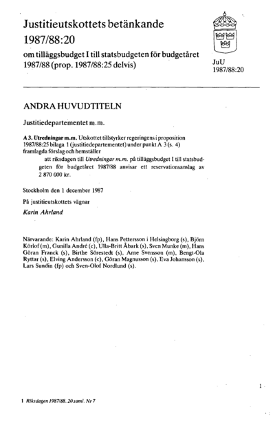 Omslaget till bet. 1987/88:JuU20