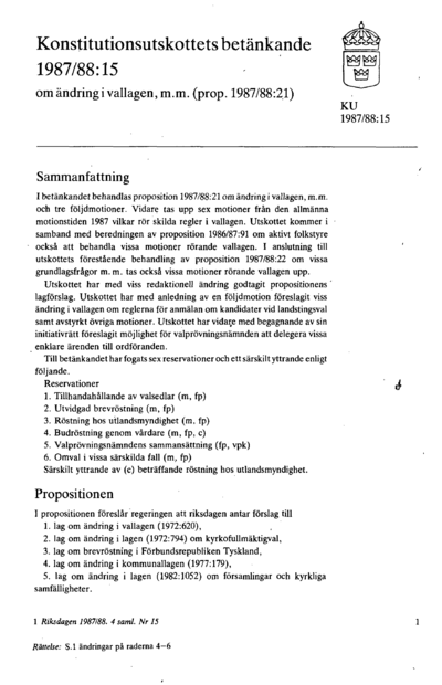 Omslaget till bet. 1987/88:KU15