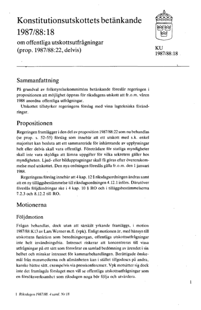 Omslaget till bet. 1987/88:KU18