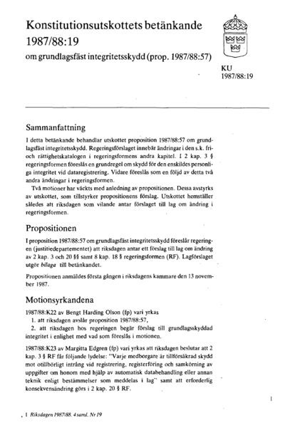 Omslaget till bet. 1987/88:KU19