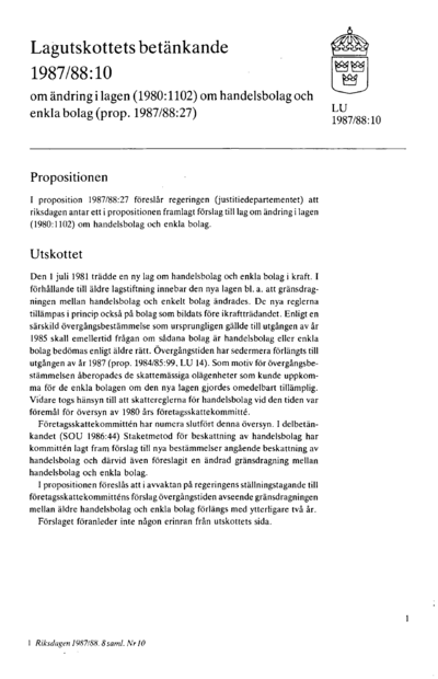 Omslaget till bet. 1987/88:LU10