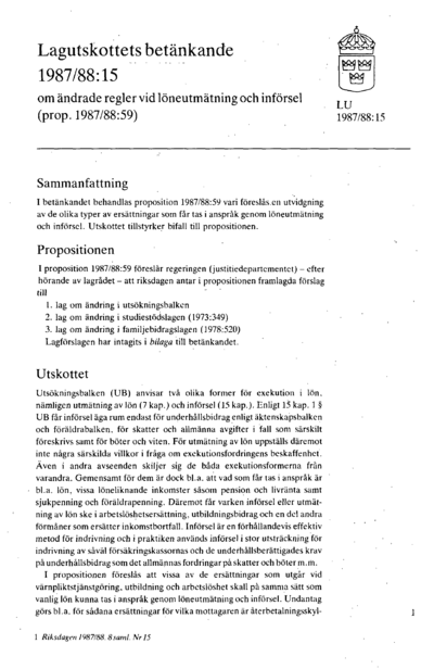 Omslaget till bet. 1987/88:LU15