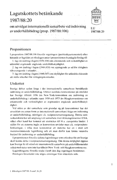 Omslaget till bet. 1987/88:LU20