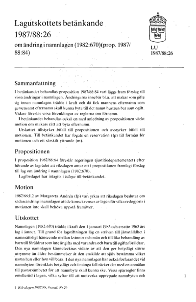 Omslaget till bet. 1987/88:LU26