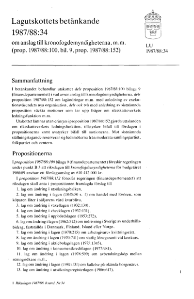 Omslaget till bet. 1987/88:LU34