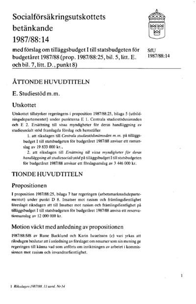 Omslaget till bet. 1987/88:SfU14