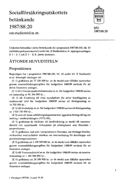 Omslaget till bet. 1987/88:SfU20