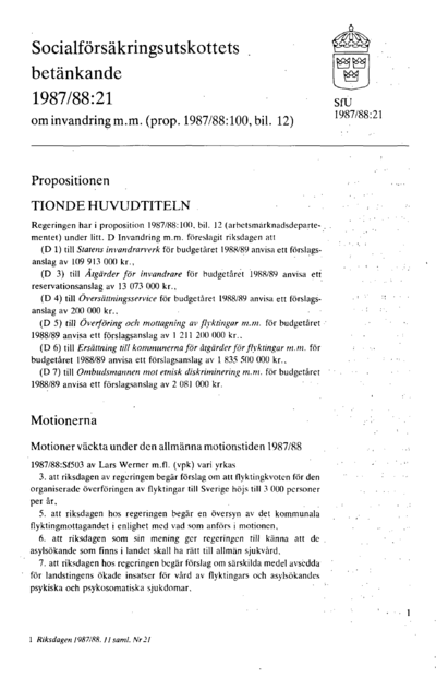 Omslaget till bet. 1987/88:SfU21