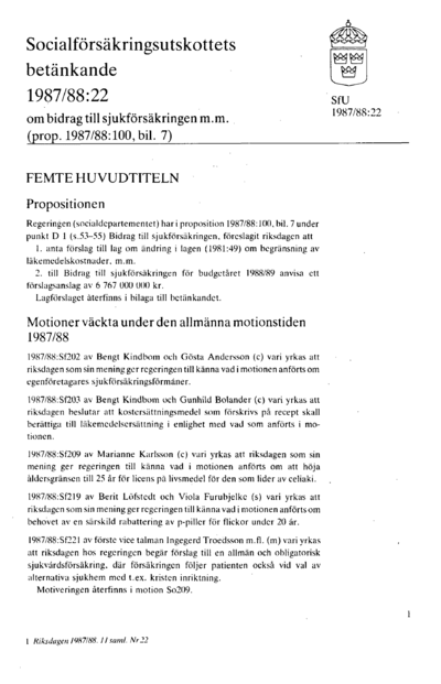 Omslaget till bet. 1987/88:SfU22