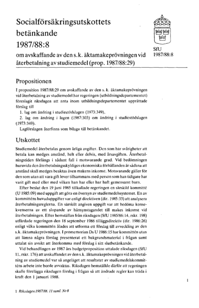 Omslaget till bet. 1987/88:SfU8