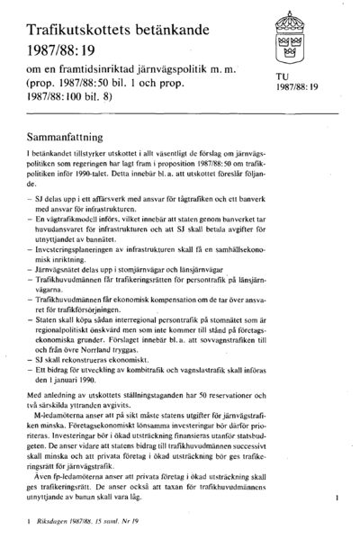 Omslaget till bet. 1987/88:TU19