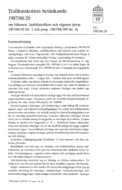 Omslaget till bet. 1987/88:TU20