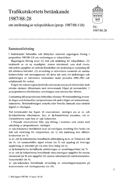 Omslaget till bet. 1987/88:TU28