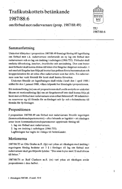 Omslaget till bet. 1987/88:TU6