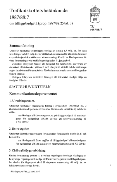 Omslaget till bet. 1987/88:TU7