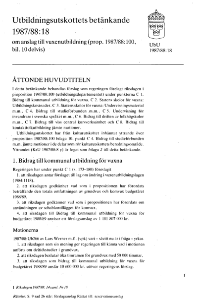 Omslaget till bet. 1987/88:UbU18