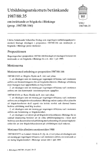Omslaget till bet. 1987/88:UbU35