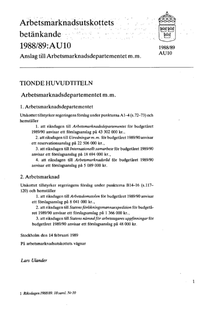 Omslaget till bet. 1988/89:AU10