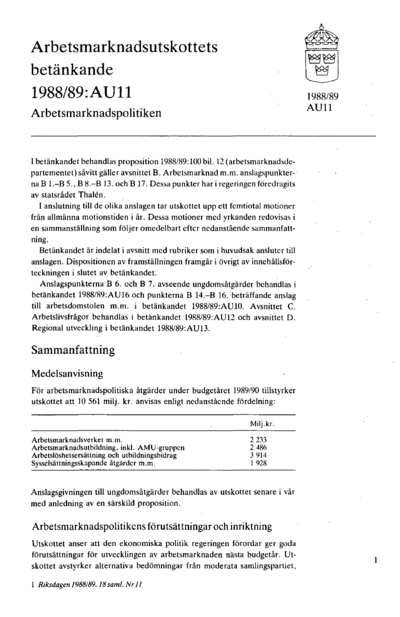 Omslaget till bet. 1988/89:AU11