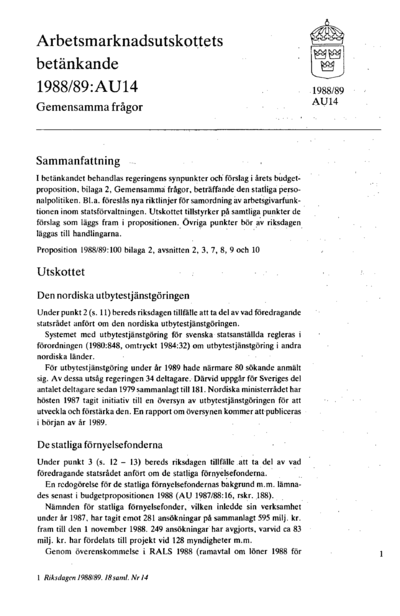 Omslaget till bet. 1988/89:AU14