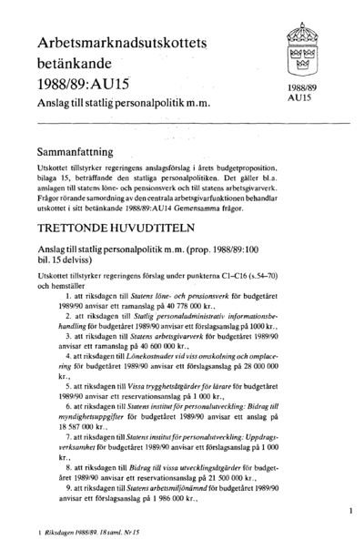 Omslaget till bet. 1988/89:AU15