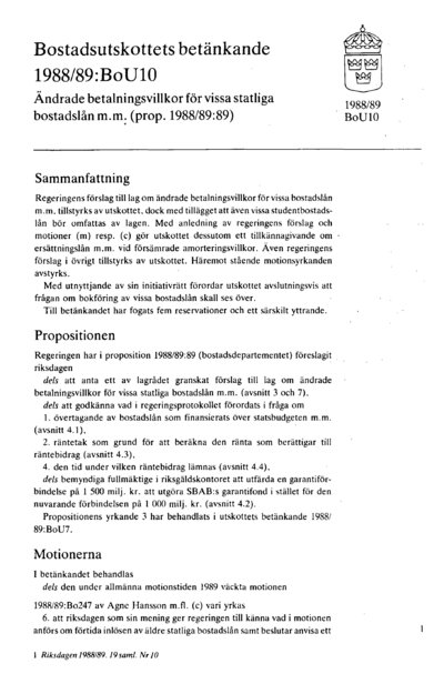 Omslaget till bet. 1988/89:BoU10