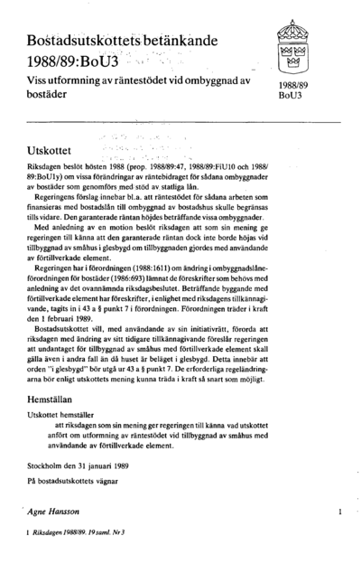 Omslaget till bet. 1988/89:BoU3