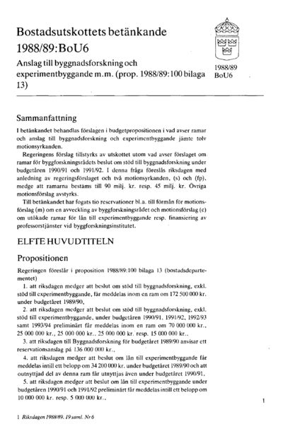 Omslaget till bet. 1988/89:BoU6