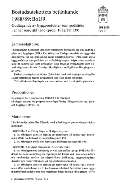Omslaget till bet. 1988/89:BoU9