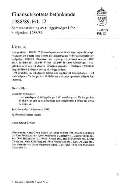 Omslaget till bet. 1988/89:FiU12