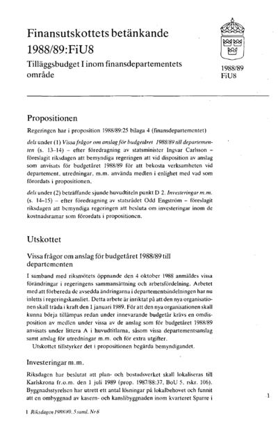 Omslaget till bet. 1988/89:FiU8