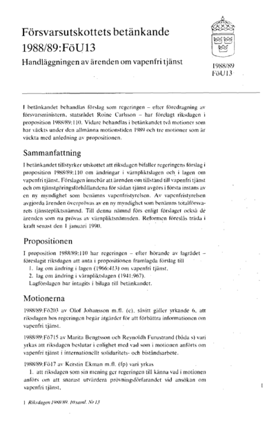 Omslaget till bet. 1988/89:FöU13