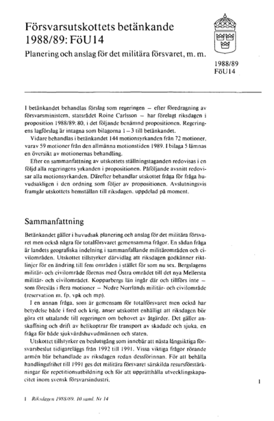 Omslaget till bet. 1988/89:FöU14