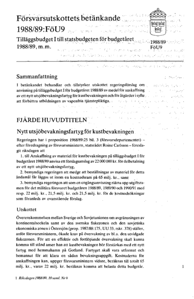 Omslaget till bet. 1988/89:FöU9