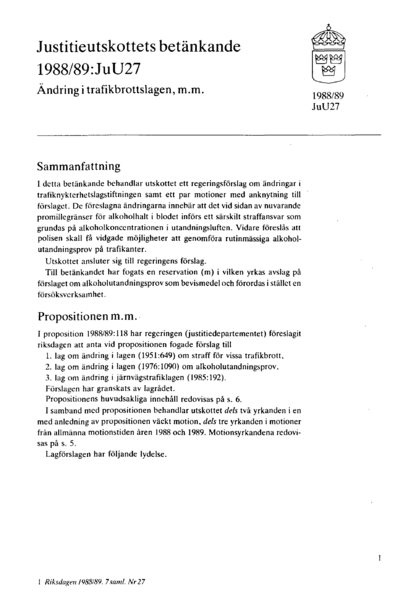 Omslaget till bet. 1988/89:JuU27