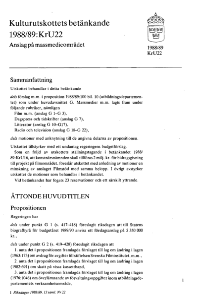 Omslaget till bet. 1988/89:KrU22