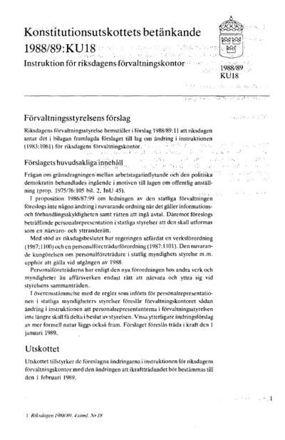 Omslaget till bet. 1988/89:KU18