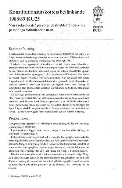 Omslaget till bet. 1988/89:KU25