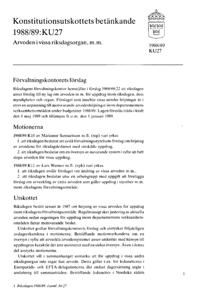 Omslaget till bet. 1988/89:KU27