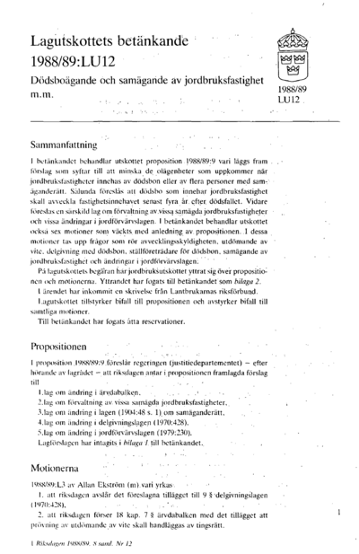 Omslaget till bet. 1988/89:LU12