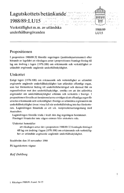 Omslaget till bet. 1988/89:LU15