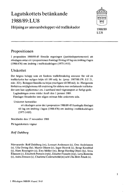 Omslaget till bet. 1988/89:LU8