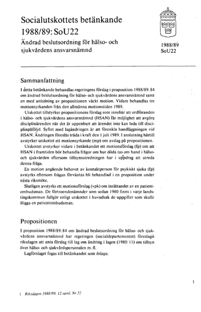 Omslaget till bet. 1988/89:SoU22