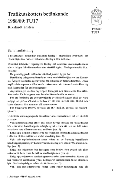 Omslaget till bet. 1988/89:TU17