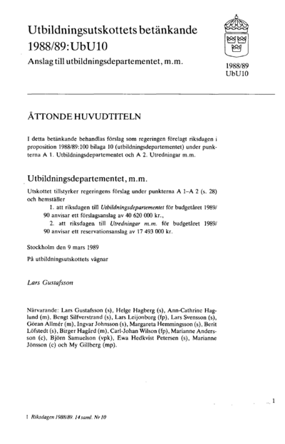 Omslaget till bet. 1988/89:UbU10
