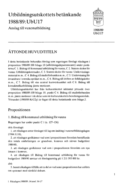 Omslaget till bet. 1988/89:UbU17