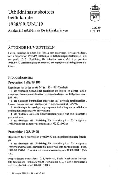 Omslaget till bet. 1988/89:UbU19