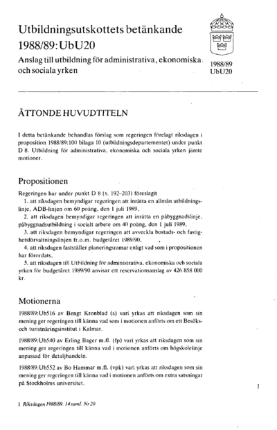 Omslaget till bet. 1988/89:UbU20