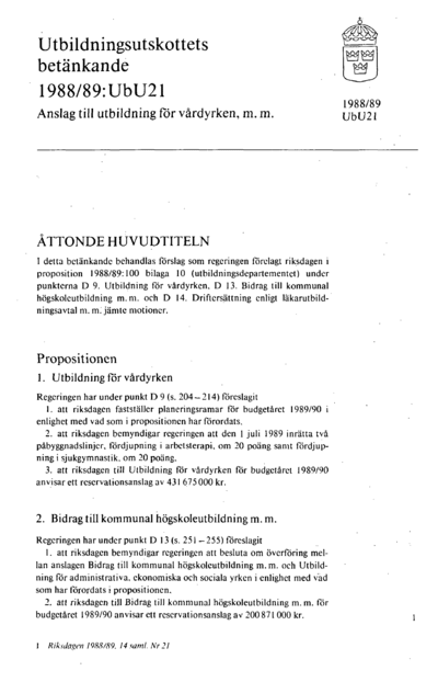 Omslaget till bet. 1988/89:UbU21