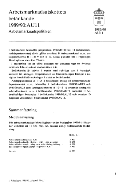 Omslaget till bet. 1989/90:AU11